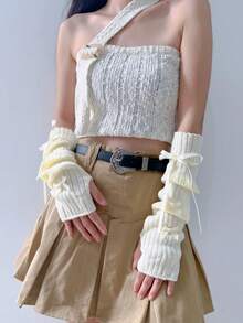 1 Pair Of Cute Bow Tie Women's Gloves Vertical Striped Women's Open Finger Gloves Y2K Warm Arm Cover Millennium Hot Girl Long Sleeve Cover