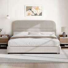 Queen Bed Frame With Headboard, Boucle Upholstered Soft Platform Bed Frame With Thickened Footboard,  Rounded Corners Design, Twin/ Full/ Queen/ King, Grey/ White/ Beige/ White/ Black - Màu be - Xem 12