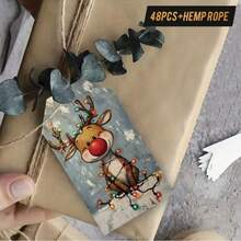 48pcs Festive Reindeer Gift Tags With Hemp Rope - Playful Reindeer Wrapped In Colorful Lights Design, Perfect For Christmas Gift Decoration, Party Supplies, And Holiday Celebrations, Reindeer Christmas Decorations