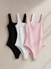 Kit 3 Women's Suplex Hollow Bodysuits Basic And Comfortable Pieces For Work Gym Trips Daily Use Christmas Birthday Gift - 黑白/淺粉紅色 - 查看 1