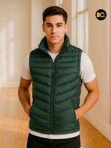 Big City Chaleco acolchado para hombre con cierre frontal y bolsillos laterales, abrigo ligero tipo puffer casual moderno para clima frío, - Verde Oscuro - Ver 3