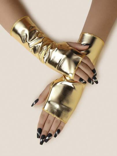 1 双漆面无指短手套，万圣节服装角色扮演手套，亮色反光涂层皮手套