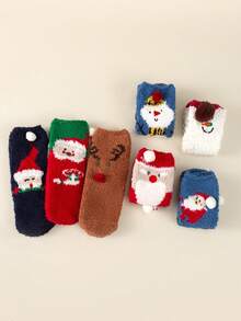 Random 3 Pairs Of Children's Socks Winter Coral Velvet Socks Cute Cartoon Christmas Socks For Girls Half Velvet Thickened Warm Home Sleeping Socks Three-Dimensional Ear Plush Ball, Cute And Fun