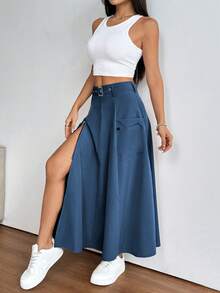 Falda casual de moda con diseño de cremallera de unicolor para mujer - azul real - Ver 4