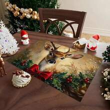 4 buc. Covorașe de masă dreptunghiulare din in, cu imprimeu de reni de Crăciun - Covorașe de masă țesute din in, pentru sufragerie, bucătărie, masă de cafea, decor pentru masă