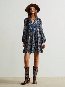 Rusttydustty Striped Lace V-Neck Casual Long Sleeve Classic Blue Dress, Bohemian Beach Outfit, Music Festival Tropical Vacation, New Year, Valentine''s Day Dress - Dusty Blue - View 4