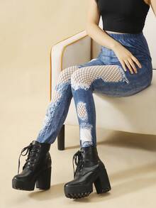 1 Pair Denim Blue Printed Hollow Mesh Tights, Suitable For Casual Daily Wear