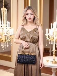 Glitter Sequin Evening Clutch Bag For Women - Metal Top Handle & Detachable Chain Strap, Sparkly Handbag For Party, Prom, Gala (Multiple Colors Available)