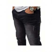 Men's Black Denim Jeans, Worn And Worn, Slim C, Lycra, Elastane, Casual, Stylish, Comfort, Ideal Gift For Fathers, Man - 1 Puido đen - Xem 1