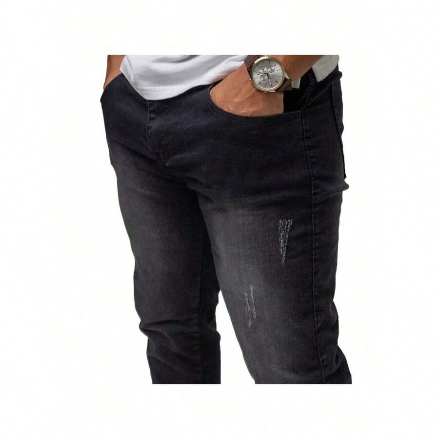 Men's Black Denim Jeans, Worn And Worn, Slim C, Lycra, Elastane, Casual, Stylish, Comfort, Ideal Gift For Fathers, Man - 1 黑色普多 - 查看 1