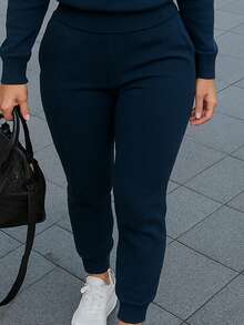 Conjunto de pants  Sudadera y pantalón  Felpa suave  Cuello redondo Estilo cómodo  Conjunto deportivo - Azul Marino - Ver 4