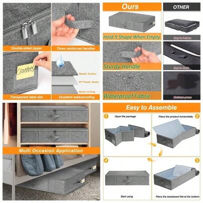 Underbed Storage Boxes With Lids 50L, 2 Pack Under Bed Storage Boxes With Side Bottom Support 3 Handles, Foldable Fabric Storage Under Bed Comforters