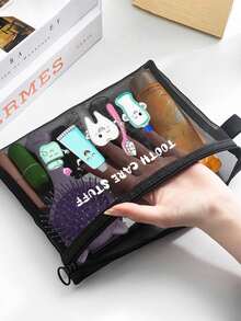 Tooth Print Makeup Bag, Mesh Portable Makeup Bag, Coconut Tree Print Bag, Travel Makeup Bag; Essential Beach Swimsuit Storage Artifact For Vacations; Coconut Tree Heart-Shaped Printed Bag Is A Must-Have For Summer Music Festivals, Perfect For Girlfriends; Foldable Lightweight Makeup Bag