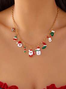 1 buc Lanț Reglabil din Aliaj cu Mărgele din Lut Polimeric, Colier cu Pandantiv de Crăciun cu Mai Multe Straturi, Moș Crăciun, Brad de Crăciun, Om de Zăpadă - Colier la Modă și Versatil pentru Femei, de Crăciun, Sărbători, Petrecere, Evenimente, Bijuterii Choker - Cadou (Culoare Aleatoare)