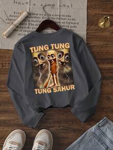 1件休闲酷炫印花圆领长袖T恤，适合青少年男孩，宽松版型，街头风上衣，秋季款 - 深灰色 - 查看 3