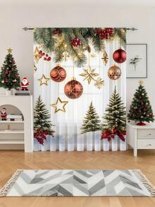 1 pieza Cortina decorativa de tul navideña, adecuada para sala de estar, dormitorio, cocina, fiesta navideña, estrella de Navidad, fruta navideña, globo dorado, rama de pino navideña, árbol de Navidad, 100g/㎡