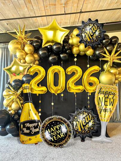 Set de 11 piezas para decoración de fiesta de Año Nuevo 2026, incluye globos con números "2026" en dorado, globos con hojas negras y doradas, globos con estrellas doradas, botella de champán y copa de champán para Año Nuevo, globos redondos con "Feliz Año Nuevo", adecuado para celebración de Año Nuevo 2026, decoración de fiesta con tema negro y dorado, accesorios de fotografía para ambiente de Año Nuevo 2026, fiesta de cócteles, cumpleaños, boda, aniversario