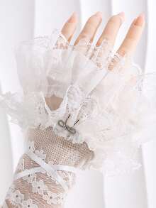 1 đôi găng tay hở ngón kiểu Lolita viền ren xếp nếp, cổ tay ren đen trắng, phụ kiện váy dự tiệc, găng tay cưới. - Nhiều màu - Xem 6