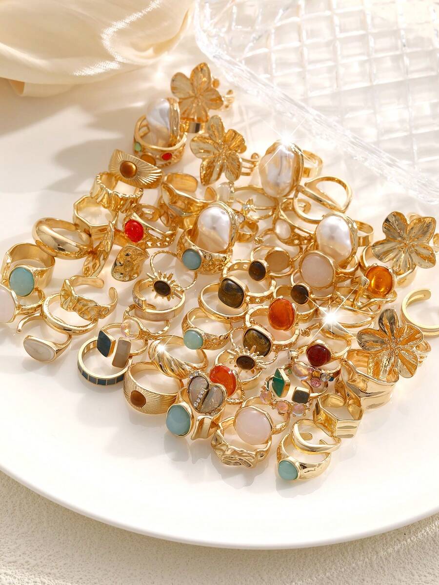 20/15/6 piezas Juego de anillos apilables de estilo minimalista bohemio vintage en color dorado, incluye diseños de flor, lazo, perla asimétrica, giro, corazón, rhinestone, luna, estrella, geométrico, ojo de gato, adecuado para mujeres, vacaciones, fiestas, citas, uso diario, regalo (surtido aleatorio)