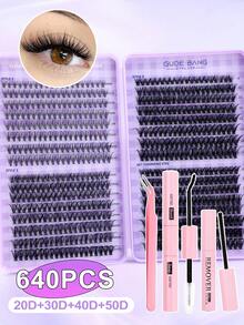 640pcs Eyelash Extension Kit (20D+30D+40D+50D), Includes Lashes, Glue, Remover And Tools, Professional DIY Mink Lashes For Salon-Like Lash Experience At Home
