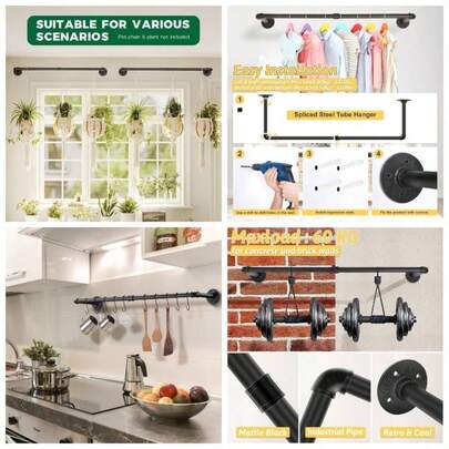 2 Pack Estante de Ropa, Perchero Industrial con 6 Pack Gancho, Barra de Ropa Desmontable, Barra Multiusos para Colgar en El Armario, Para Balcn, Bao, Dormitorio 100cm