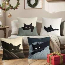 4pcs/ 1 Pc Halloween Cute, Simple, Shy Little Black Cat Short Plush Printed Pillowcase, Suitable For Living Room, Bedroom, Sofa, And Can Be Used For Home Decoration, Halloween Decoration, And Room Arrangement. - Black and White - View 9
