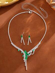 Conjunto de collar y aretes de lujo con rhinestones de cobre, joyería nupcial y de boda, diseño de gota verde con diamantes completos, accesorios de moda para vestido de noche, set de 2 piezas