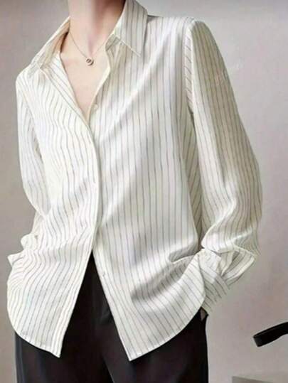 Women's Front Button Long Sleeve Striped Casual Shirt, For Everyday Wear