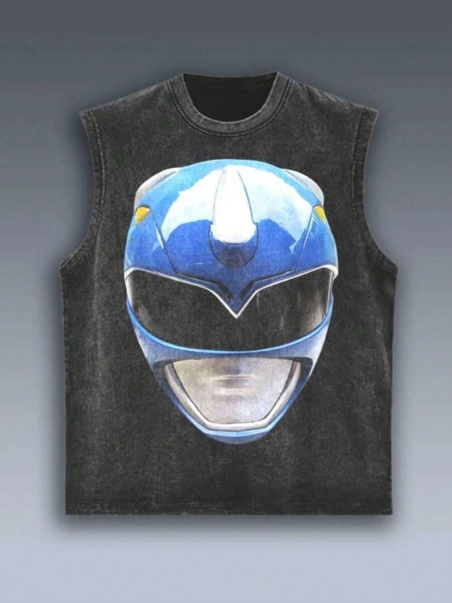 Men's Sleeveless T-Shirt-230g Heavy Washed Cotton, Power Rangers Printing-Loose Street Style, Gym Washed Vest, Sports T-Shirt, Men's Sports Gifts, Gym Sports Equipment Fans, Street Feng Shui Washed T-Shirt, Retro Hip-Hop T-Shirt. - 黑色 - 查看 1