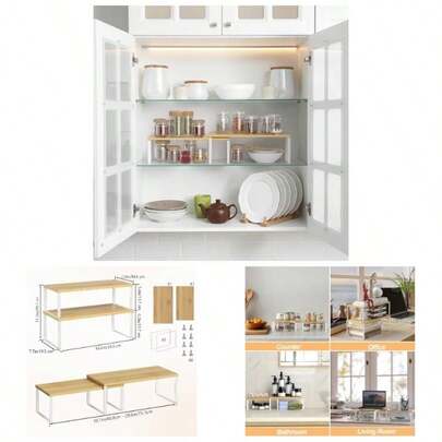 Kitchen Cupboard Shelf, Counter Shelf Organizer, Stackable Expandable, Set Of 2, Metal Frame, Kitchen Storage Shelves Pantry, Bathroom, 39.6, WhiteNat
