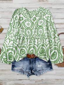 Áo kiểu nữ dài tay thoải mái, in họa tiết nút tre, phối nhiều mảnh, thích hợp cho kỳ nghỉ xuân. - màu xanh lá - Xem 2