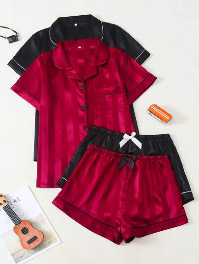 [Dreamery]Striped Jacquard Women Satin Short Sleeve Shorts Pajama Set