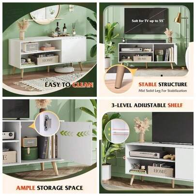 White TV Stand Uint, TV Unit TV To 55 Inch, 120cm TV Cabinet Table With Storage, Wooden TV Console Living Room, Modern Style TV Console Bedroom And Be