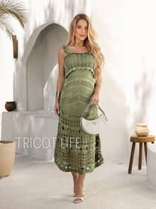 Women's Crochet Midi Dress, Lined, Elegant, New Year's Eve Party, Casual, Batal, Wedding, Gender Reveal - 橄欖綠 - 查看 3