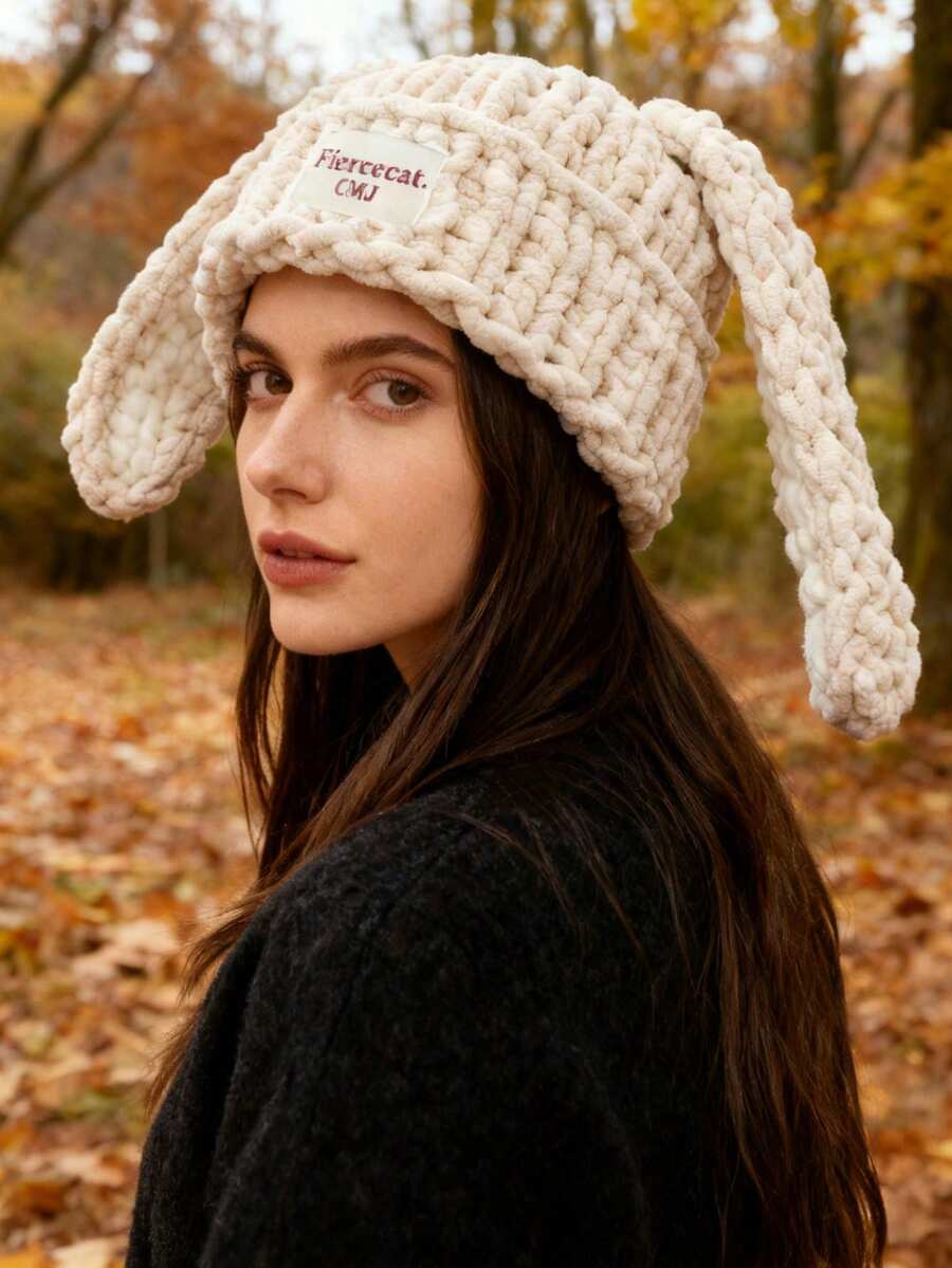 1 件女士可爱长款兔耳厚针织帽，手工保暖耳罩帽，轻便方便，适合户外散步、购物、度假和日常穿着，秋冬