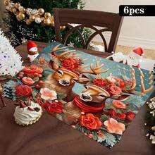 4 buc. Covorașe de masă dreptunghiulare din in, cu imprimeu de reni de Crăciun - Covorașe de masă țesute din in, pentru sufragerie, bucătărie, masă de cafea, decor pentru masă