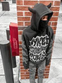 Y2K Gothic Harajuku Street Hip Hop Hoodie For Men Devil Horn Hooded Sweatshirt Punk Goth Aesthetic Grunge Pullover - 黑色 - 查看 2