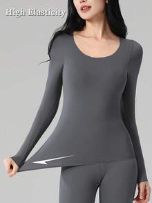 2件装女士无缝黑色上衣，超薄纯色保暖内衣，温暖舒适，长袖圆领无缝打底衫，修身高弹米色打底衫，透明上衣，休闲纯色轻薄保暖，适合秋冬季节，轻薄基础打底衫，时尚日常穿着，内衣睡衣