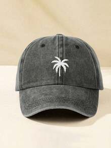 1pc Women Embroidered Palm Tree Washed Baseball Cap, Adjustable Outdoor UV Protection Sun Hat For Spring Autumn Travel Beach Vacation, Y2K Style Unisex Youth Cap