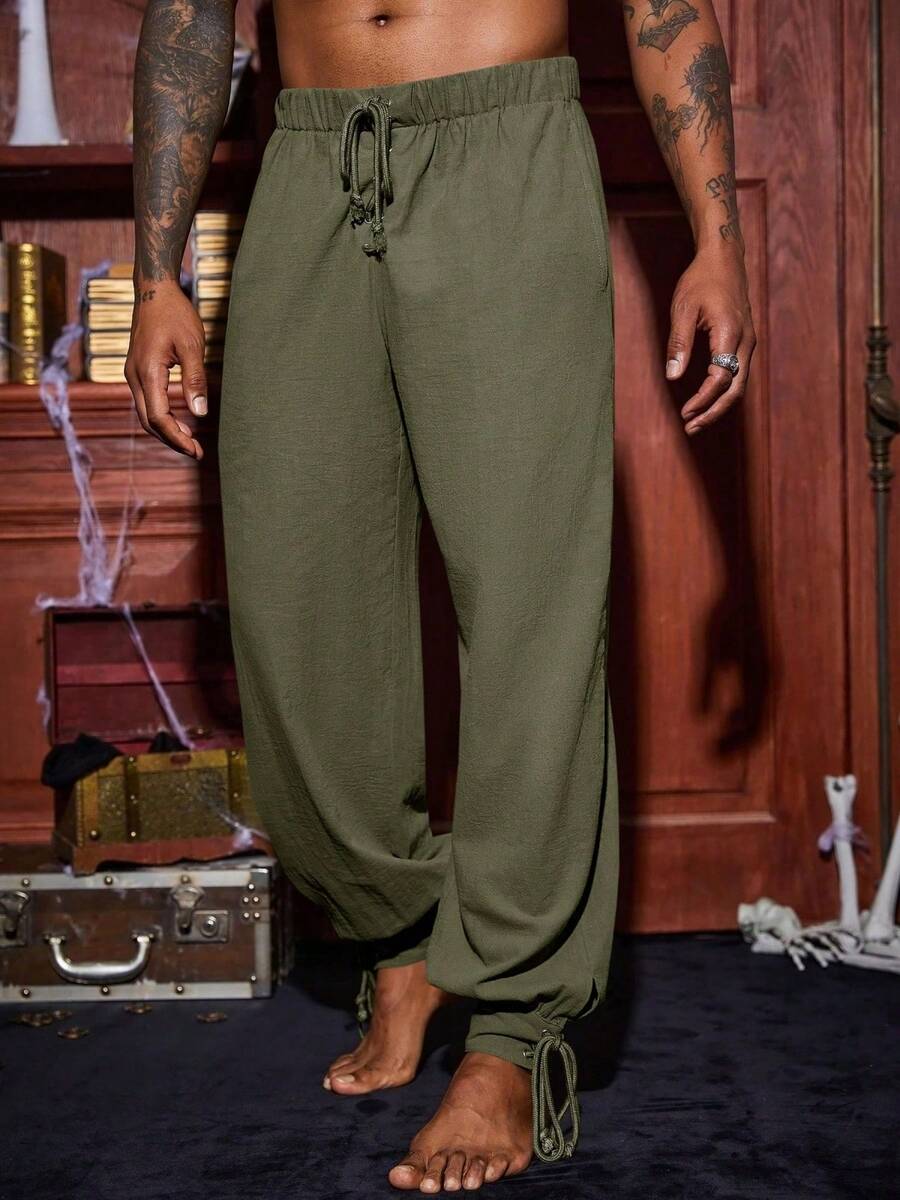 Runcati Men's Medieval Viking Pirate Pants Banded Ankle Lace Up Cotton Renaissance Gothic Halloween Costume Trousers - 軍綠色 - 查看 1