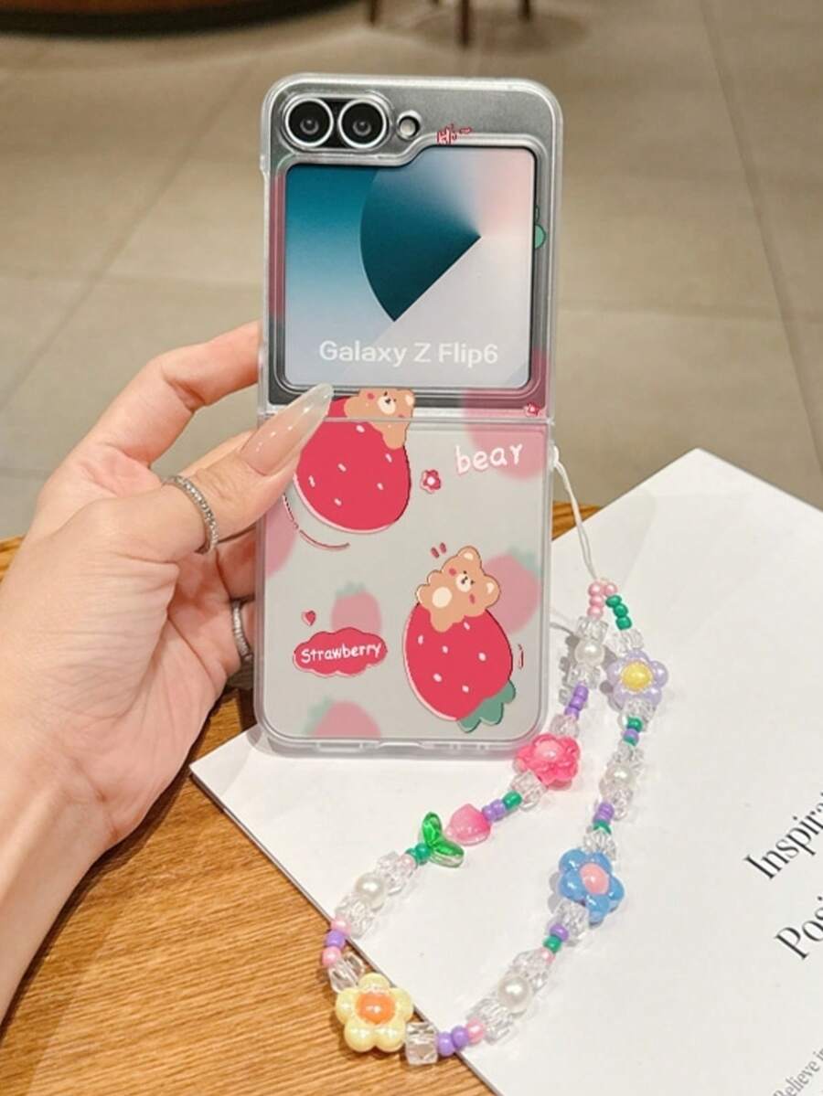 1 pieza Funda de teléfono plegable de material PC con elemento de oso de fresa simple y elegante, emparejada con una pulsera del mismo color, puede proteger y evitar caídas: Galaxy Z Flip 3/Z Flip 4/Z Flip 5/Z Flip 6/Z /OPPO Find N3 Flip/Razr 50 Ultra/Razr 60 Ultra/Larazar 60/Razr 50/ MIX Flip/Galaxy Z Flip7 FE