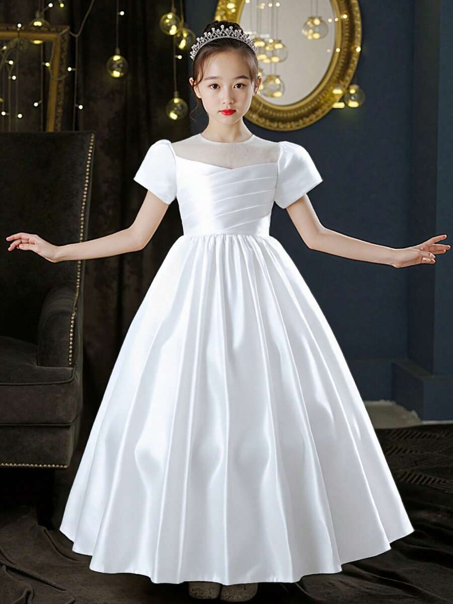 Tween Girls Piano Recital Concert Tulle Princess Dress, Evening Gown - White - View 1