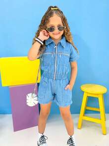 Kit 2 Kids Jumpsuit Girl Blogger Dungarees Youth Jeans Shorts Zipper Casual Fashion - 藍色 - 查看 7