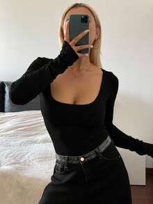 Livesso Women's Solid Color Large Round Neck Slim Fit T-Shirt,Fall Clothes Long Sleeve Women Tops Crop Top - Black - View 7