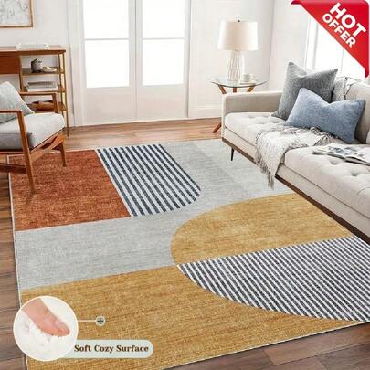 Ein großer, modern-minimalistischer orangefarbener Samt-Teppich, mit der Premium-Version aus hochdichtem, verstärktem Material. Verziert mit personalisierten geometrischen Mustern, passt dieser luxuriöse Teppich perfekt zu verschiedenen Wohnstilen. Küchenteppich