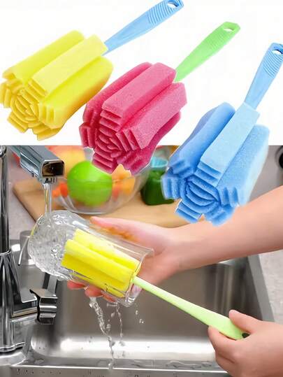 Icke-elektrisk svampborste med långt handtag - slitstarkt köksrengöringsverktyg i plast för glasflaskor, koppar etc. - slumpmässig färgtorkare för hemmabruk och kommersiellt bruk, svamprengöring, flaskrengöring, multifunktionellt rengöringsverktyg, ergonomiskt handtag
