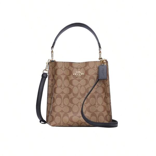 Coach حقيبة دلو ذات إغلاق بأزرار ضغط مع حجيرة سحاب مركزية، حقيبة كتف متقاطعة بحجم صغير للنساء، لون كاكي وأسود، CA582-IMCBI