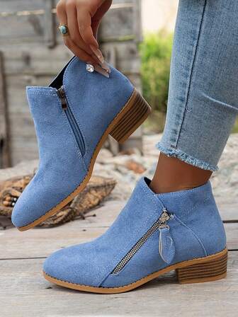 女式粗跟踝靴，低跟侧拉链短靴，纯色尖头女靴，适合假日、休假和旅行，经典百搭女靴