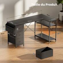 HLONONE Desk 120/140 Cm With 3 Fabric Drawers & Storage Bag, Corner Computer Desk With Shelves For Office & Home Office, 4 Colors - màu đen - Xem 7
