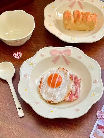 1 Set Embossed 3D Butterfly, Heart, Daisy Ceramic Dinnerware Set, Including Small Bowl, Double-Ear Bowl, Large Bowl, Plate, Suitable For Restaurant, Living Room, Dessert Shop, Hotel